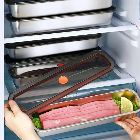 Stainless steel bacon tray with lid, suitable for fruits, vegetables, and meats, kitchen cleaning, and refrigerator storage