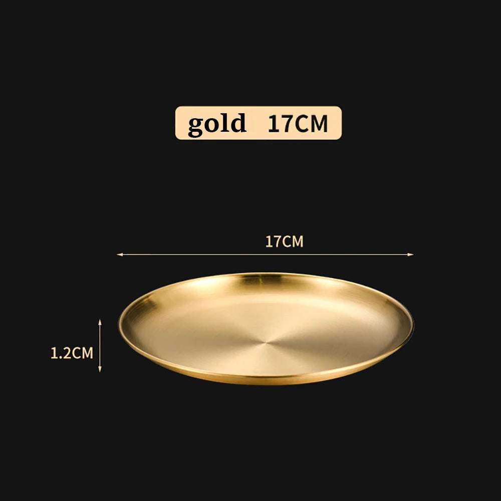 Korean Stainless Steel Disc Golden Cafe Tray Fruit Plate Cake Plate Bone Shallow Plate Snack Kitchen Home Outdoor Dinner Plate