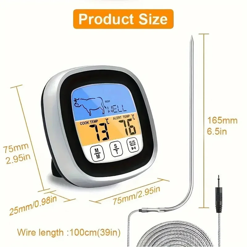 Large touchscreen digital kitchen thermometer with stainless steel probe - dual display Fahrenheit/Celsius, battery powered