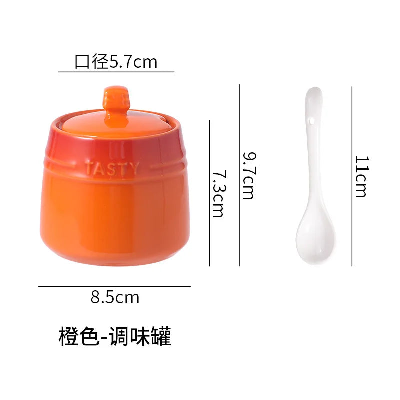 Ice Cream Gradient Rainbow Color Ceramic Seasoning Jar With Lid Sugar Salt Storage Accessories Kitchen Spoon French Style Set