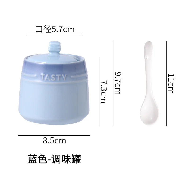 Ice Cream Gradient Rainbow Color Ceramic Seasoning Jar With Lid Sugar Salt Storage Accessories Kitchen Spoon French Style Set