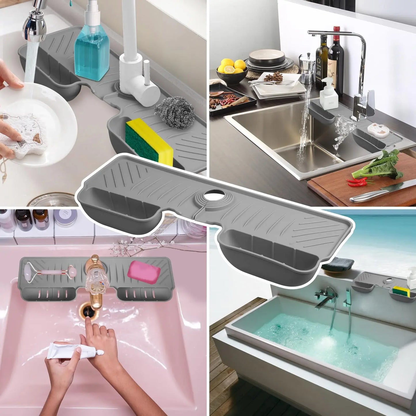Silicone Faucet Splash Guard Water Catcher Mat Sink Mat Tray Drying Mat Dish Sponge Holder Kitchen Sink Accessory Organizer