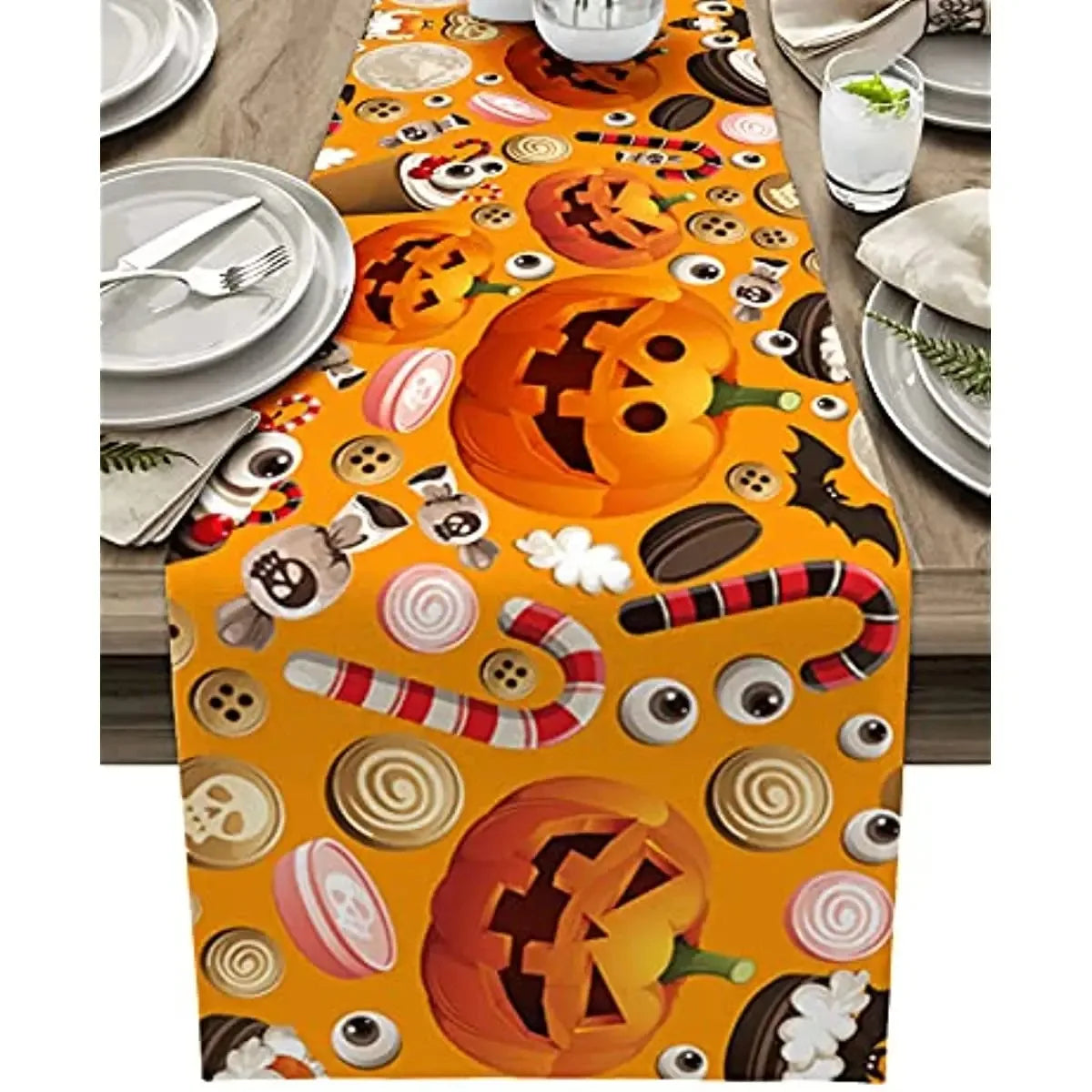 Halloween Polka Dot Ghost Pumpkin Cat Linen Table Runners Party Decor Reusable Dining Table Runners Kitchen Halloween Decoration