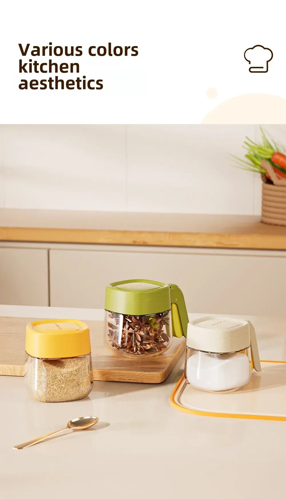 Transparent Glass Seasoning Jar Household Flip Cover with Spoon Chicken Essence Salt, Kitchen Monosodium Glutamate Seasoning Box