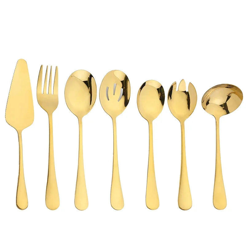 7Pcs Cutlery Set Stainless Steel Dinnerware Set Soup Spoon Colander Service Spoon Salad Fork Cake Spatula Kitchen Home Tableware