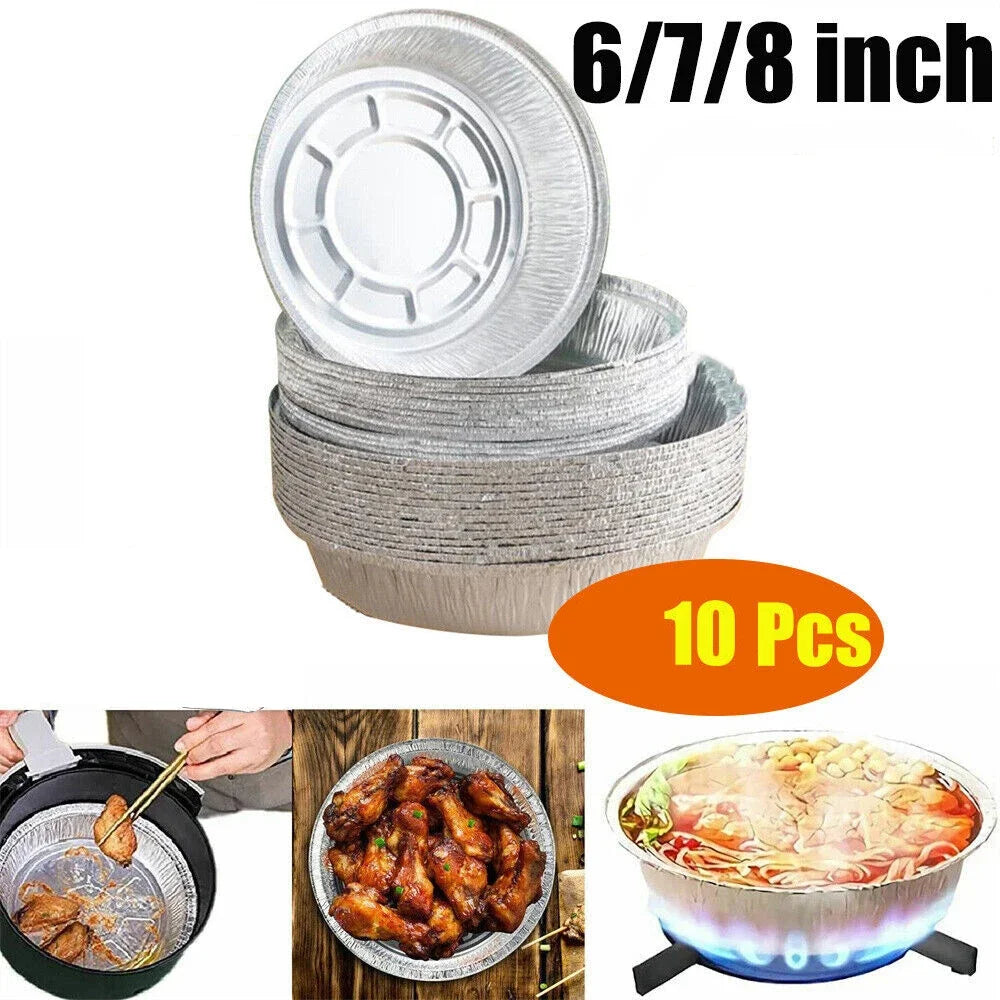 10pcs Air Fryer Aluminium Foil Trays Round Containers Tin Box Disposable Steaming Basket Kitchen Baking Tool BBQ Drip Pan Tray