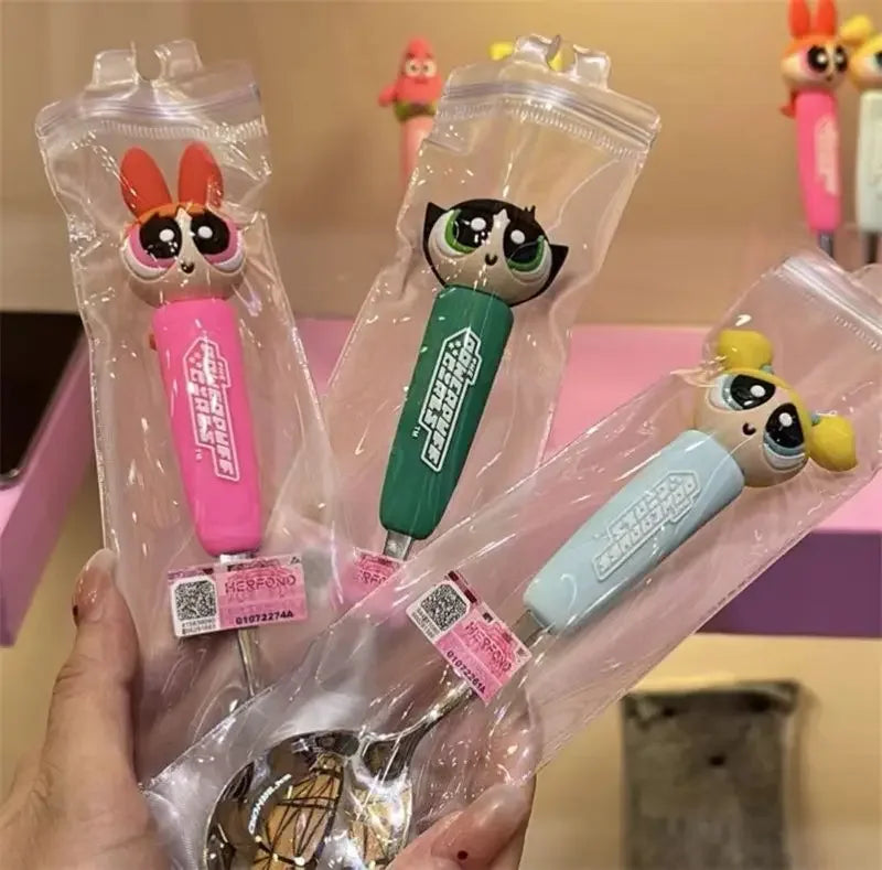 The Powerpuff Girls Blossom Bubbles Anime Peripheral Creative Cartoon Home Kitchen Student Portable Spoon and Fork Tableware