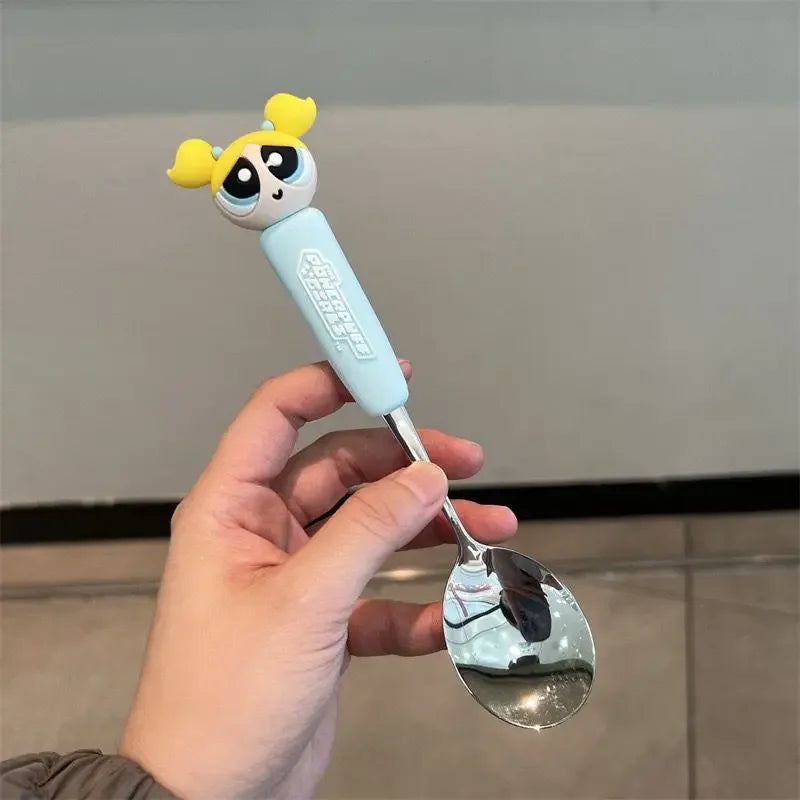 The Powerpuff Girls Blossom Bubbles Anime Peripheral Creative Cartoon Home Kitchen Student Portable Spoon and Fork Tableware