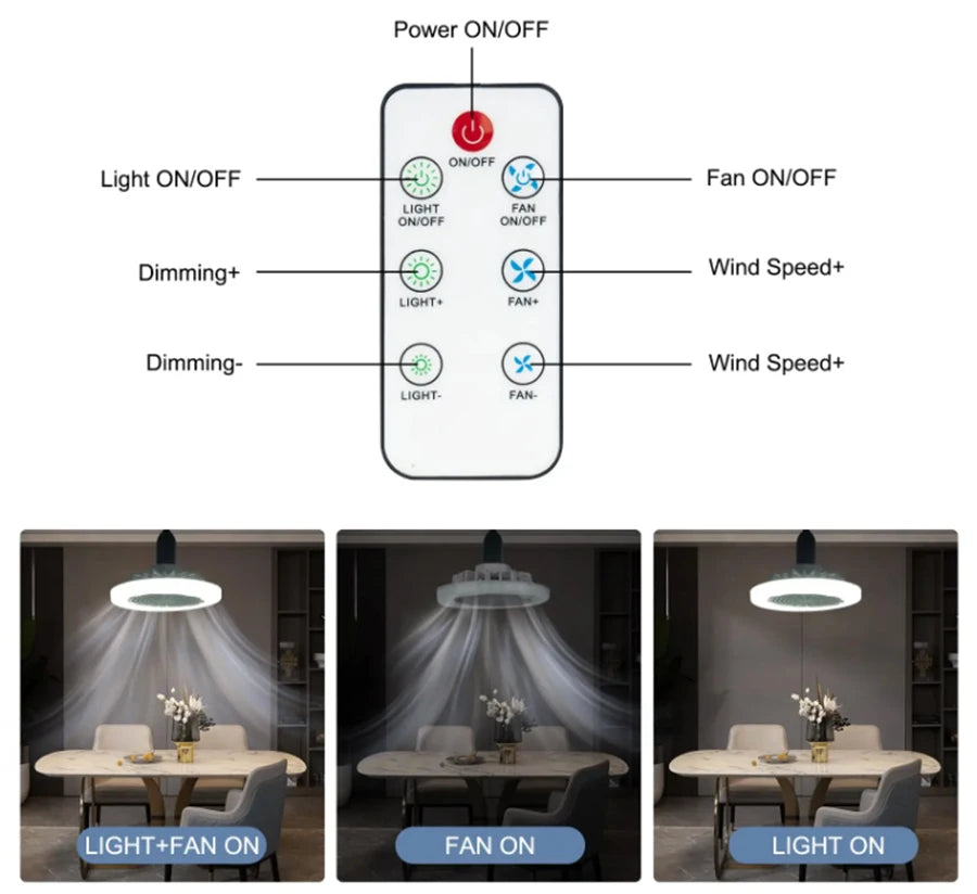 Smart remote control 3-in-1 ceiling fan light  E27 LED light 23cm universal bedroom and kitchen lamp ceiling fan