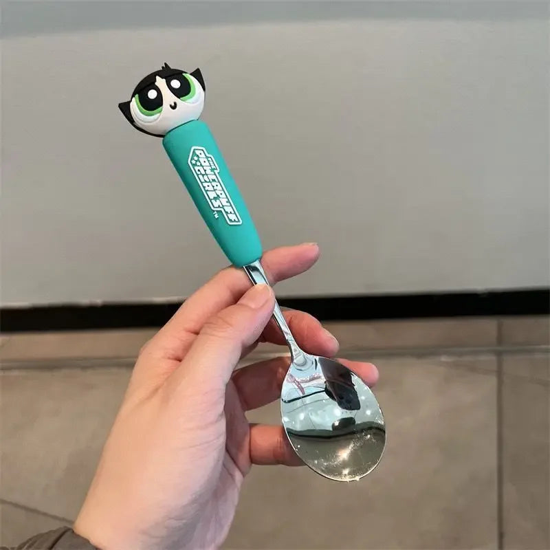 The Powerpuff Girls Blossom Bubbles Anime Peripheral Creative Cartoon Home Kitchen Student Portable Spoon and Fork Tableware