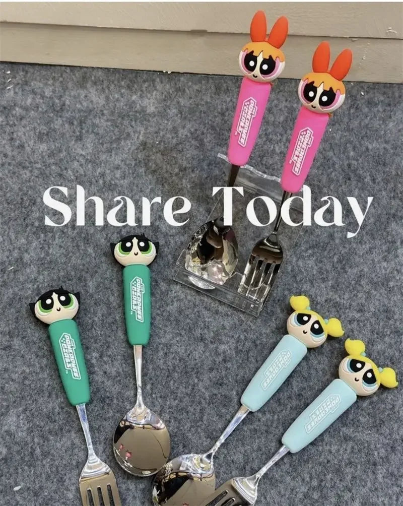 The Powerpuff Girls Blossom Bubbles Anime Peripheral Creative Cartoon Home Kitchen Student Portable Spoon and Fork Tableware