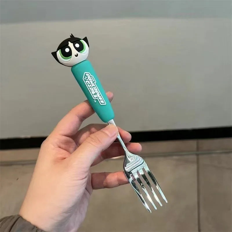 The Powerpuff Girls Blossom Bubbles Anime Peripheral Creative Cartoon Home Kitchen Student Portable Spoon and Fork Tableware