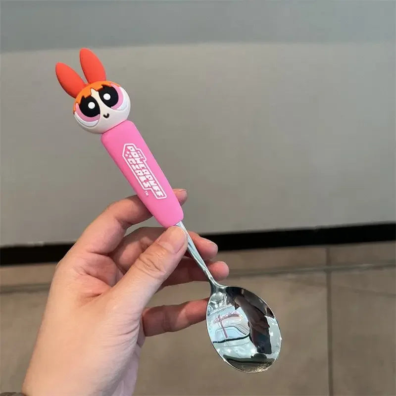 The Powerpuff Girls Blossom Bubbles Anime Peripheral Creative Cartoon Home Kitchen Student Portable Spoon and Fork Tableware