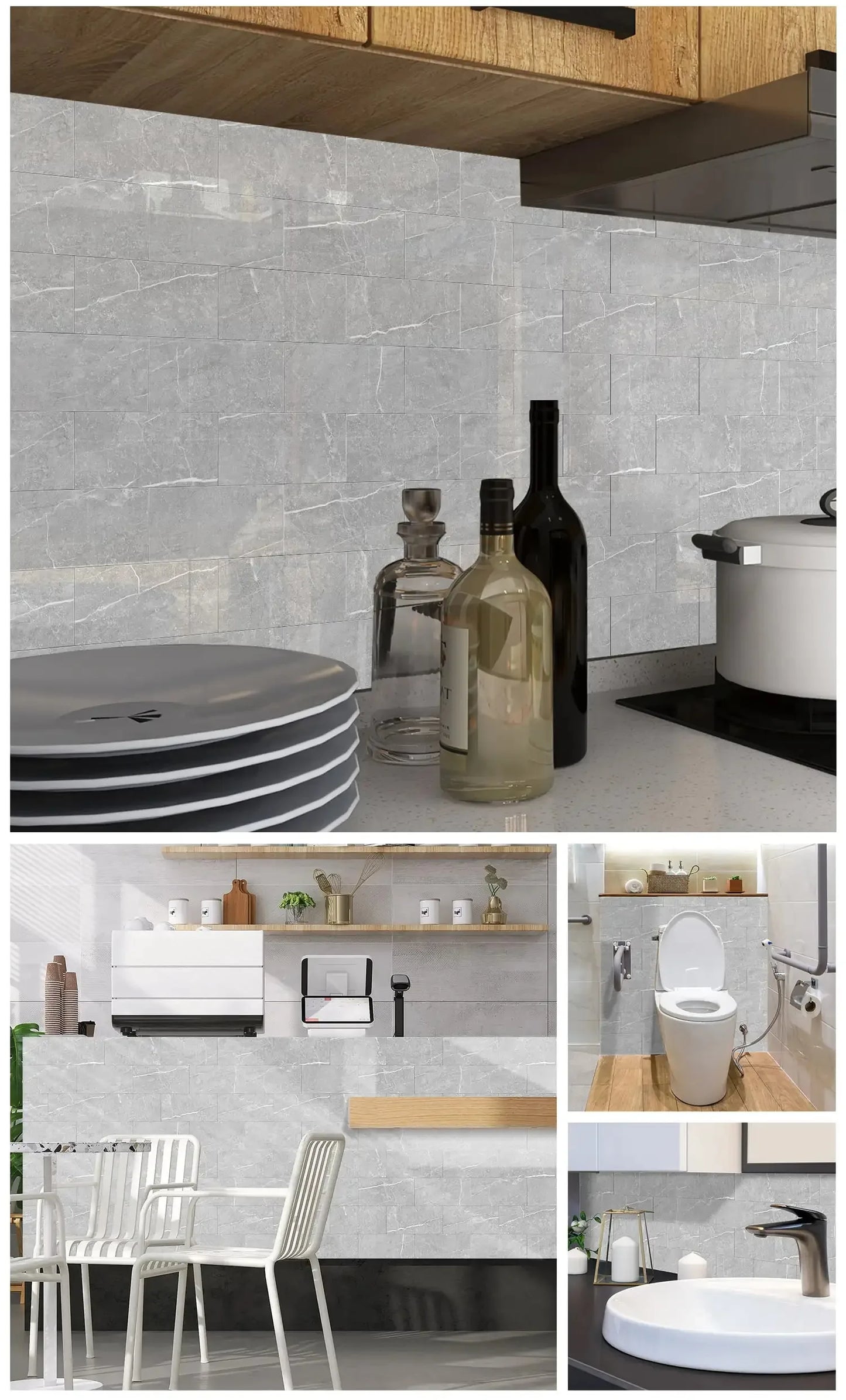 16 Pcs 20x10cm Marble Pattern Wall Stickers, Glossy Self-Adhesive PVC Film,Water-Resistant Kitchen Bathroom Decor Stick on Tiles