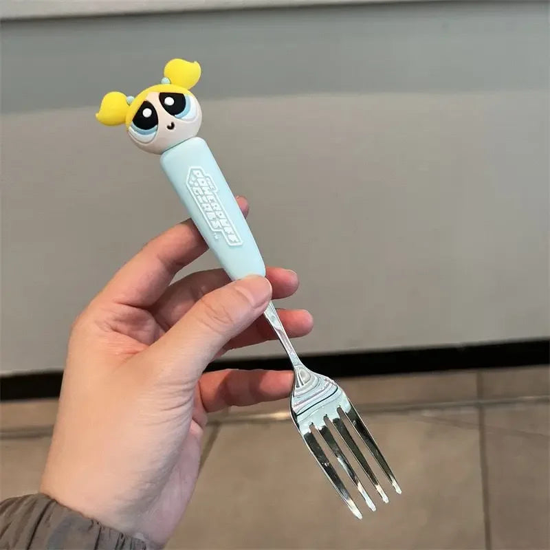 The Powerpuff Girls Blossom Bubbles Anime Peripheral Creative Cartoon Home Kitchen Student Portable Spoon and Fork Tableware