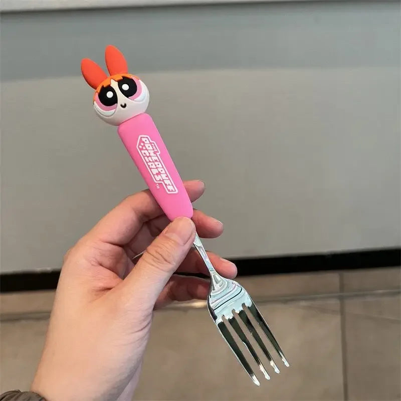 The Powerpuff Girls Blossom Bubbles Anime Peripheral Creative Cartoon Home Kitchen Student Portable Spoon and Fork Tableware