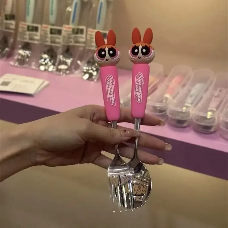 The Powerpuff Girls Blossom Bubbles Anime Peripheral Creative Cartoon Home Kitchen Student Portable Spoon and Fork Tableware