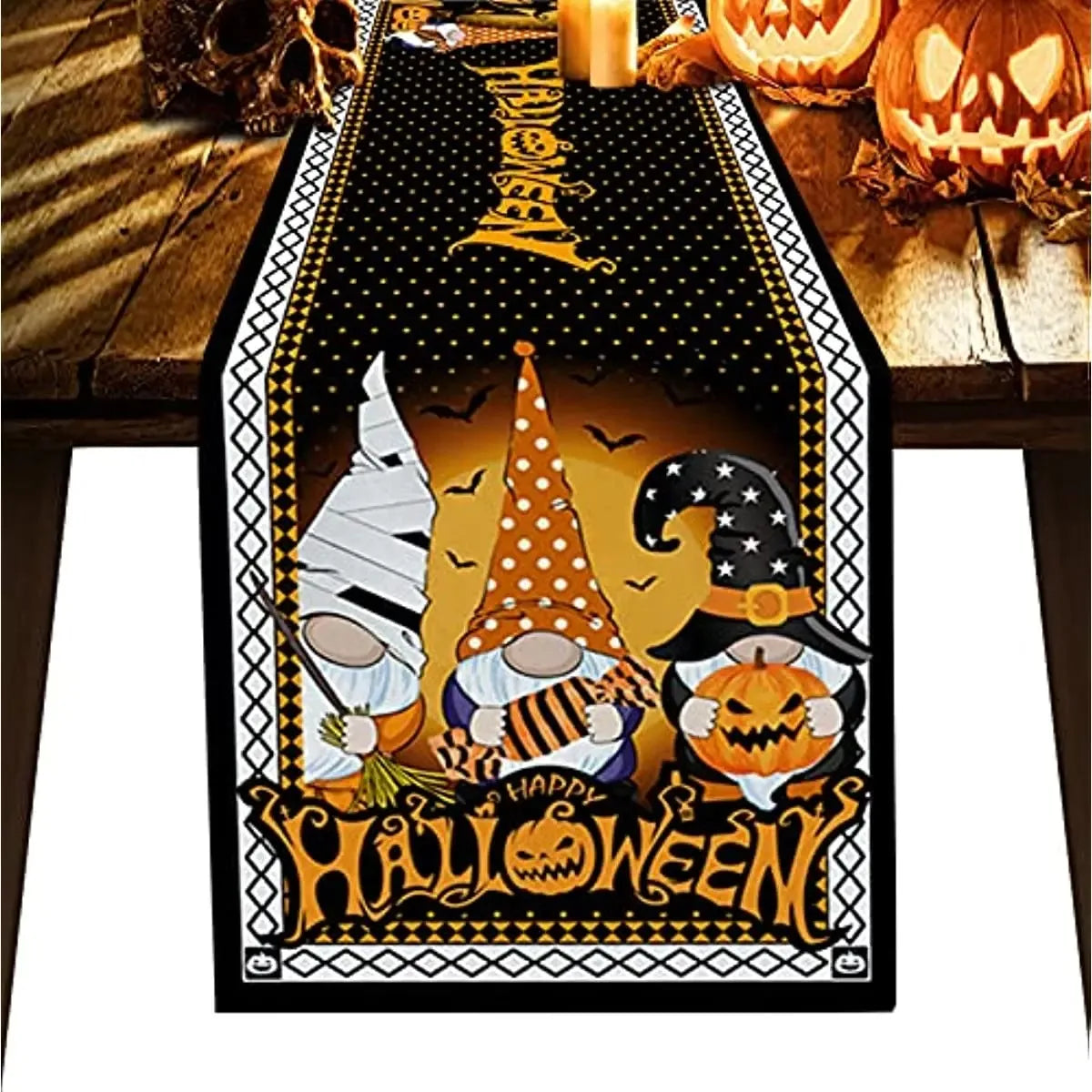 Halloween Polka Dot Ghost Pumpkin Cat Linen Table Runners Party Decor Reusable Dining Table Runners Kitchen Halloween Decoration