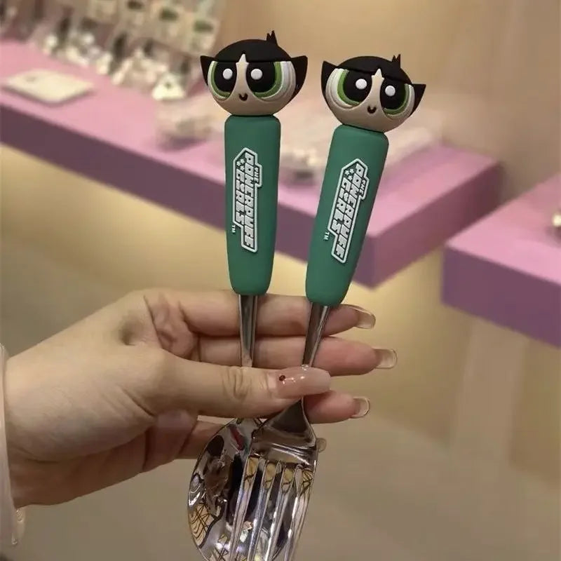 The Powerpuff Girls Blossom Bubbles Anime Peripheral Creative Cartoon Home Kitchen Student Portable Spoon and Fork Tableware