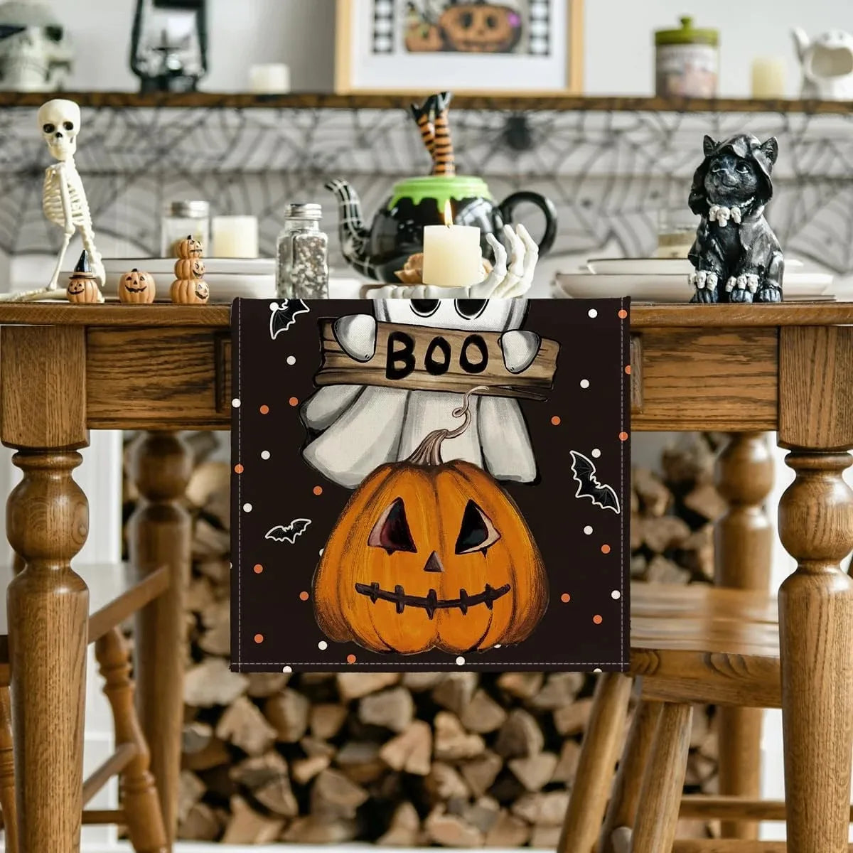 Halloween Polka Dot Ghost Pumpkin Cat Linen Table Runners Party Decor Reusable Dining Table Runners Kitchen Halloween Decoration