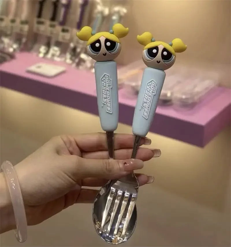 The Powerpuff Girls Blossom Bubbles Anime Peripheral Creative Cartoon Home Kitchen Student Portable Spoon and Fork Tableware