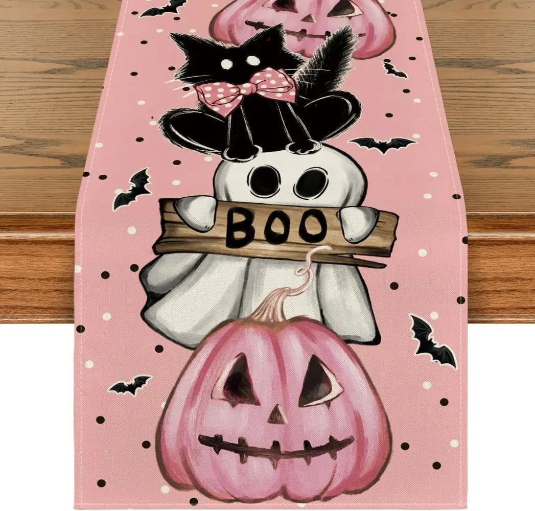 Halloween Polka Dot Ghost Pumpkin Cat Linen Table Runners Party Decor Reusable Dining Table Runners Kitchen Halloween Decoration