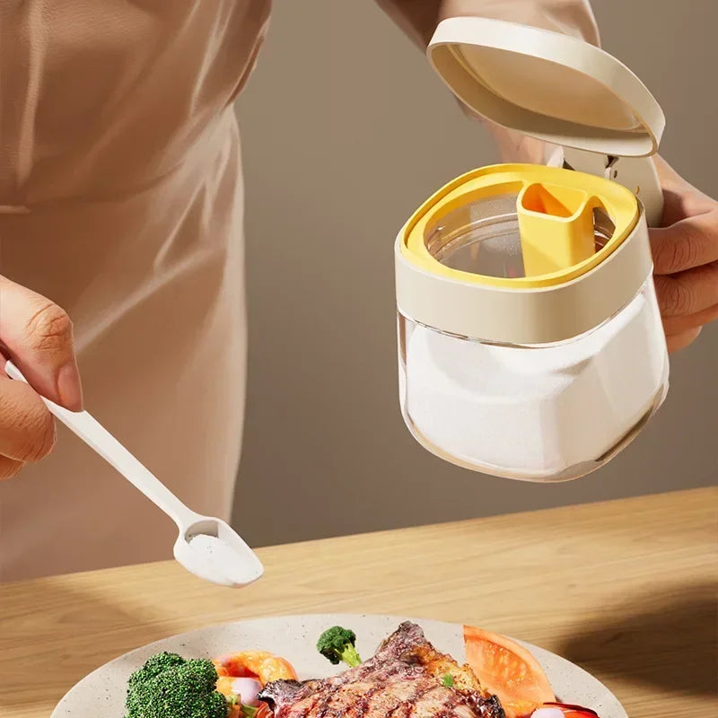 Transparent Glass Seasoning Jar Household Flip Cover with Spoon Chicken Essence Salt, Kitchen Monosodium Glutamate Seasoning Box
