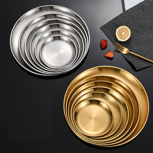 Korean Stainless Steel Disc Golden Cafe Tray Fruit Plate Cake Plate Bone Shallow Plate Snack Kitchen Home Outdoor Dinner Plate