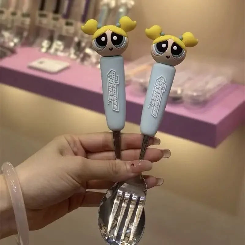 The Powerpuff Girls Blossom Bubbles Anime Peripheral Creative Cartoon Home Kitchen Student Portable Spoon and Fork Tableware
