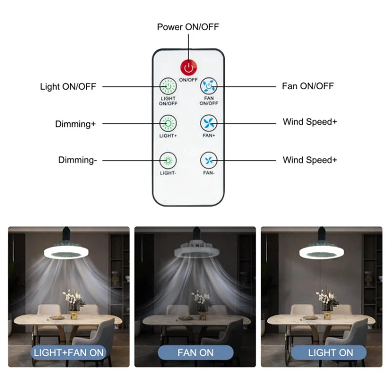 Smart remote control 3-in-1 ceiling fan light  E27 LED light 23cm universal bedroom and kitchen lamp ceiling fan