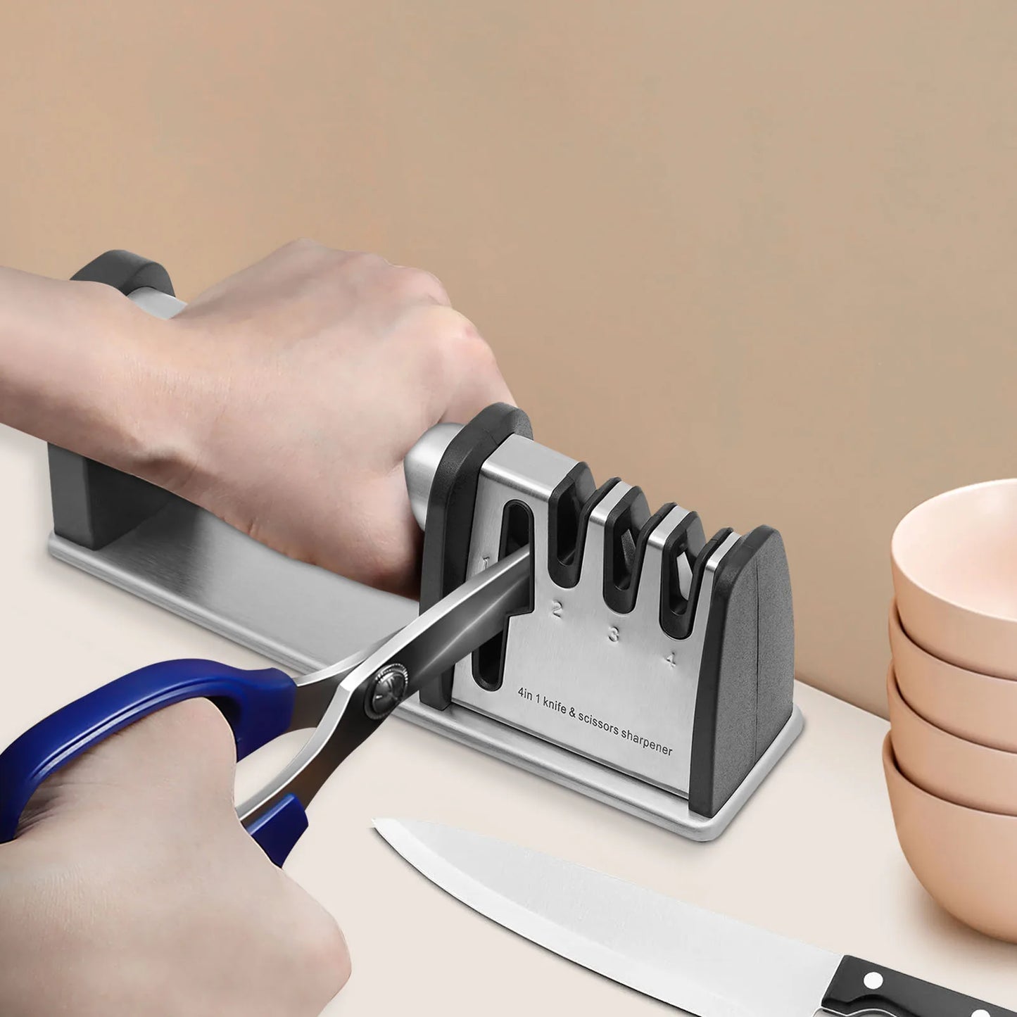 4-in-1 Electric Knife Sharpener for Kitchen with Tungsten, Diamond, Ceramic, and Scissors Slots, Easy to Use