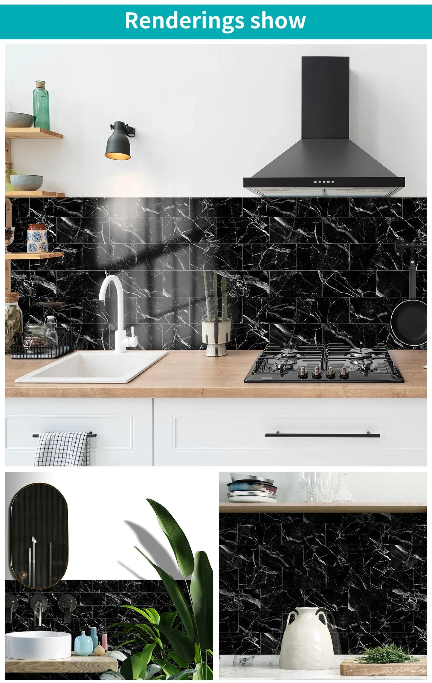 16 Pcs 20x10cm Marble Pattern Wall Stickers, Glossy Self-Adhesive PVC Film,Water-Resistant Kitchen Bathroom Decor Stick on Tiles